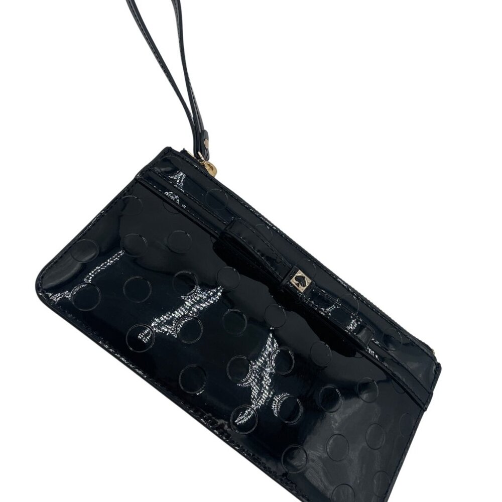 Kate Spade Black Polka Dot Embossed Patent Leather Wristlet Strap Gold Handle